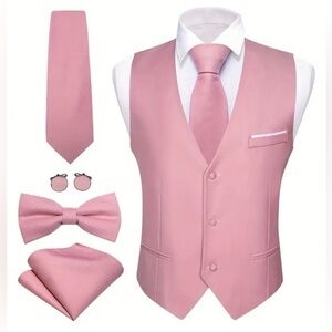 Men’s Pink Vest Set Waistcoat Necktie+ Bowtie+ Hanky+ Cufflinks